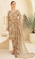 Embroidered Chiffon front with sequins Embroidered Chiffon back Embroidered Chiffon sleeves Embroidered net sleeves lace Embroidered net ghera lace Embroidered Chiffon dupatta – 2.5 Meter Raw silk trouser – 2.5 Meter Embroidered net trouser lace
