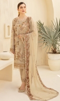 Embroidered Chiffon front with sequins Embroidered Chiffon back Embroidered Chiffon sleeves Embroidered net sleeves lace Embroidered net ghera lace Embroidered Chiffon dupatta – 2.5 Meter Raw silk trouser – 2.5 Meter Embroidered net trouser lace