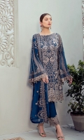 Embroidered Chiffon front with sequins  Embroidered Chiffon back Embroidered Chiffon sleeves  Embroidered net sleeves lace Embroidered net ghera lace Embroidered Chiffon dupatta – 2.5 Meter  Raw silk trouser – 2.5 Meter  Embroidered net trouser lace