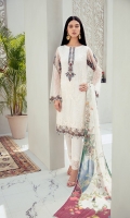 Embroidered Chiffon front with sequins  Embroidered Chiffon back Embroidered Chiffon sleeves  Embroidered tissue sleeves lace Embroidered tissue ghera lace Digital printed Chiffon dupatta – 2.5 Meter  Raw silk trouser – 2.5 Meter  Embroidered tissue trouser lace
