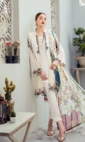 Embroidered Chiffon front with sequins  Embroidered Chiffon back Embroidered Chiffon sleeves  Embroidered tissue sleeves lace Embroidered tissue ghera lace Digital printed Chiffon dupatta – 2.5 Meter  Raw silk trouser – 2.5 Meter  Embroidered tissue trouser lace