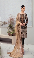 Embroidered Chiffon front with sequins  Embroidered Chiffon back Embroidered Chiffon sleeves  Embroidered tissue sleeves lace with pasting Embroidered tissue ghera lace Embroidered Chiffon dupatta – 2.5 Meter  Raw silk trouser – 2.5 Meter  Embroidered tissue trouser lace