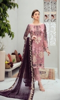 Embroidered Chiffon front with sequins Embroidered Chiffon back Embroidered Chiffon sleeves Embroidered tissue sleeves lace –1.25 Embroidered tissue ghera lace Embroidered chiffon Dupatta – 2.5 Meter Raw Silk trouser – 2.5 Meter  Embroidered tissue trouser lace
