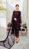 Embroidered Chiffon front with sequins  Embroidered Chiffon back Embroidered Chiffon sleeves  Embroidered tissue sleeves lace Embroidered tissue ghera lace Embroidered Net dupatta – 2.5 Meter  Raw silk trouser – 2.5 Meter  Embroidered tissue trouser lace