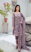 Embroidered Chiffon front with sequins  Embroidered Chiffon back Embroidered Chiffon sleeves  Embroidered tissue sleeves lace Embroidered tissue ghera lace Embroidered Chiffon dupatta – 2.5 Meter  Raw Silk trouser – 2.5 Meter  Embroidered tissue trouser lace