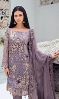Embroidered Chiffon front with sequins  Embroidered Chiffon back Embroidered Chiffon sleeves  Embroidered tissue sleeves lace Embroidered tissue ghera lace Embroidered Chiffon dupatta – 2.5 Meter  Raw Silk trouser – 2.5 Meter  Embroidered tissue trouser lace
