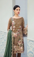 Embroidered Chiffon front with sequins  Embroidered Chiffon back Embroidered Chiffon sleeves  Embroidered tissue sleeves lace Embroidered tissue ghera lace Embroidered chiffon dupatta – 2.5 Meter  Raw Silk trouser – 2.5 Meter  Embroidered tissue trouser lace