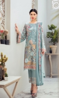 Embroidered Chiffon front with sequins  Embroidered Chiffon back Embroidered Chiffon sleeves  Embroidered tissue sleeves lace–1.25 Embroidered tissue ghera lace Embroidered Chiffon dupatta – 2.5 Meter  Raw Silk trouser – 2.5 Meter  Embroidered tissue trouser lace