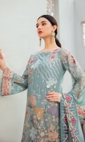 Embroidered Chiffon front with sequins  Embroidered Chiffon back Embroidered Chiffon sleeves  Embroidered tissue sleeves lace–1.25 Embroidered tissue ghera lace Embroidered Chiffon dupatta – 2.5 Meter  Raw Silk trouser – 2.5 Meter  Embroidered tissue trouser lace
