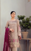 Embroidered Chiffon front with sequins Embroidered Chiffon back Embroidered Chiffon sleeves Embroidered tissue sleeves lace –2.5 Meter  Embroidered tissue ghera lace Embroidered Chiffon dupatta – 2.5 Meter Raw Silk trouser – 2.5 Meter  Embroidered tissue trouser lace  