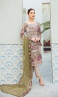 Embroidered Chiffon front with sequins  Embroidered Chiffon back Embroidered Chiffon sleeves  Embroidered tissue sleeves lace Embroidered tissue ghera lace Embroidered Chiffon dupatta – 2.5 Meter  Raw silk trouser – 2.5 Meter  Embroidered tissue trouser lace