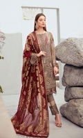 Embroidered Chiffon front with sequins  Embroidered Chiffon back Embroidered Chiffon sleeves  Embroidered tissue sleeves lace Embroidered tissue ghera lace Jamawar dupatta – 2.5 Meter  Raw silk trouser – 2.5 Meter  Embroidered tissue trouser lace