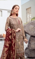 Embroidered Chiffon front with sequins  Embroidered Chiffon back Embroidered Chiffon sleeves  Embroidered tissue sleeves lace Embroidered tissue ghera lace Jamawar dupatta – 2.5 Meter  Raw silk trouser – 2.5 Meter  Embroidered tissue trouser lace