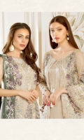 Embroidered chiffon front – 30 inch Embroidered chiffon back – 30 inch Embroidered chiffon sleeves – 1.25 Meter Embroidered tissue sleeves lace with tissue pasting -1.25 Meter Embroidered tissue ghera lace – 1.5 Meter Digital printed dupatta – 2.50 Meter Grip trouser – 2.5 Meter Embroidered tissue trouser patch with lace -2 patch