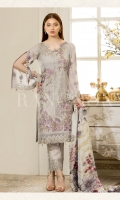 Embroidered chiffon front with sequence – 30 inch Embroidered chiffon back – 30 inch Embroidered chiffon sleeves – 1.25 Meter Embroidered tissue sleeves lace with – 1.25 Meter Embroidered tissue ghera lace – 1.5 Meter Embroidered Chiffon dupatta – 2.50 Meter Grip trouser – 2.5 Meter Embroidered tissue trouser patch with lace -2 Patches