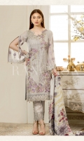 Embroidered chiffon front with sequence – 30 inch Embroidered chiffon back – 30 inch Embroidered chiffon sleeves – 1.25 Meter Embroidered tissue sleeves lace with – 1.25 Meter Embroidered tissue ghera lace – 1.5 Meter Embroidered Chiffon dupatta – 2.50 Meter Grip trouser – 2.5 Meter Embroidered tissue trouser patch with lace -2 Patches