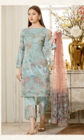 Embroidered chiffon front with sequence– 30 inch Embroidered chiffon back – 30 inch Embroidered chiffon sleeves – 1.25 Meter Embroidered tissue sleeves lace– 1.25 Meter Embroidered tissue ghera lace – 1.5 Meter Embroidered net dupatta – 2.50 Meter Grip trouser – 2.5 Meter Embroidered tissue trouser patch with lace – 2 Patches
