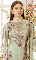 Embroidered chiffon front – 30 inch Embroidered chiffon back – 30 inch Embroidered chiffon sleeves – 1.25 Meter Embroidered tissue sleeves lace– 1.25 Meter Embroidered tissue ghera lace – 1.5 Meter Embroidered chiffon dupatta – 2.50 Meter Grip trouser – 2.5 Meter Embroidered tissue trouser patch with lace -2 Patches