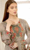Embroidered chiffon front – 30 inch Embroidered chiffon back – 30 inch Embroidered Chiffon sleeves– 1.25 Meter Embroidered tissue sleeves lace with net pasting -1.25 Meter Embroidered tissue ghera lace – 1.5 Meter Embroidered net dupatta – 2.50 Meter Jamawar trouser – 2.5 Meter