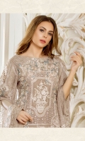 Embroidered chiffon front – 30 inch Embroidered chiffon back – 30 inch Embroidered chiffon sleeves – 1.25 Meter Embroidered tissue sleeves lace -1.25 Meter Embroidered tissue ghera – 1.5 Meter Embroidered Chiffon dupatta – 2.50 Meter Grip trouser – 2.5 Meter Embroidered tissue trouser patch with tissue lace-2 patches
