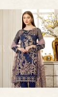 Embroidered chiffon front with sequence – 30 inch Embroidered chiffon back – 30 inch Embroidered chiffon sleeves – 1.25 Meter Embroidered tissue sleeves lace with tissue pasting – 1.25 Meter Embroidered tissue ghera lace – 1.5 Meter Embroidered Chiffon dupatta – 2.50 Meter Grip trouser – 2.5 Meter Embroidered tissue trouser patch with tissue lace-2 patches