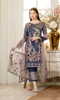 Embroidered chiffon front with sequence – 30 inch Embroidered chiffon back – 30 inch Embroidered chiffon sleeves – 1.25 Meter Embroidered tissue sleeves lace with tissue pasting – 1.25 Meter Embroidered tissue ghera lace – 1.5 Meter Embroidered Chiffon dupatta – 2.50 Meter Grip trouser – 2.5 Meter Embroidered tissue trouser patch with tissue lace-2 patches