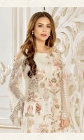 Embroidered chiffon front with sequence – 30 inch Embroidered chiffon back – 30 inch Embroidered chiffon sleeves – 1.25 Meter Embroidered tissue sleeves lace with tissue pasting – 1.25 Meter Embroidered tissue ghera lace – 1.5 Meter Embroidered Chiffon dupatta – 2.50 Meter Grip trouser – 2.5 Meter Embroidered tissue trouser patch with tissue lace-2 patches