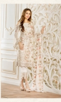 Embroidered chiffon front with sequence – 30 inch Embroidered chiffon back – 30 inch Embroidered chiffon sleeves – 1.25 Meter Embroidered tissue sleeves lace with tissue pasting – 1.25 Meter Embroidered tissue ghera lace – 1.5 Meter Embroidered Chiffon dupatta – 2.50 Meter Grip trouser – 2.5 Meter Embroidered tissue trouser patch with tissue lace-2 patches