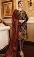 Embroidered Velvet front with sequins– 30 inch  Embroidered Velvet back – 30 inch Embroidered Velvet sleeves – 1.25 Meter  Embroidered Silk sleeves lace – 1.25 Meter Embroidered Silk damn lace – 1.5 Meter Embroidered Masori dupatta with four side patti – 2.50 Meter  Jamawar trouser – 2.5 Meter