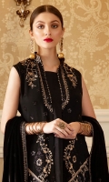 Embroidered Chiffon front with sequins– 30 inch  Embroidered Chiffon back – 30 inch Embroidered Chiffon sleeves – 1.25 Meter  Embroidered silk sleeves lace – 1.25 Meter Embroidered silk damn lace –   1.5 Meter  Embroidered Velvet Shawl – 2.5 Meter  Raw silk trouser – 2.5 Meter