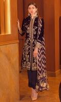 Embroidered velvet front with sequins Embroidered velvet back Embroidered velvet sleeves Embroidered silk sleeves lace Embroidered silk damn lace Embroidered jamawar dupatta – 2.5 meter Raw silk trouser – 2.5 Meter