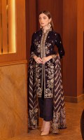 Embroidered velvet front with sequins Embroidered velvet back Embroidered velvet sleeves Embroidered silk sleeves lace Embroidered silk damn lace Embroidered jamawar dupatta – 2.5 meter Raw silk trouser – 2.5 Meter