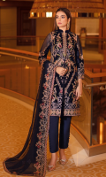 Embroidered velvet front with sequins Embroidered velvet back Embroidered velvet sleeves Embroidered silk sleeves lace with patches Embroidered silk damn lace Embroidered chiffon dupatta – 2.5 Meter Raw silk trouser – 2.5 Meter