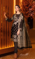 Embroidered velvet front with sequins Embroidered velvet back Embroidered velvet sleeves Embroidered silk sleeves lace Embroidered silk damn lace Printed  jamawar dupatta – 2.5 meter Raw silk trouser – 2.5 Meter