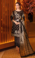 Embroidered velvet front with sequins Embroidered velvet back Embroidered velvet sleeves Embroidered silk sleeves lace Embroidered silk damn lace Printed  jamawar dupatta – 2.5 meter Raw silk trouser – 2.5 Meter