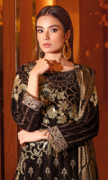 Embroidered velvet front with sequins Embroidered velvet back Embroidered velvet sleeves Embroidered silk sleeves lace Embroidered silk damn lace Printed  jamawar dupatta – 2.5 meter Raw silk trouser – 2.5 Meter