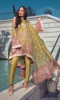 Shirt: - Heavy Embroidered Chiffon Dupatta: - Embroidered Net Organza, Organza Jacquard and Bamber Chiffon Dupatta Trouser: - Dyed Russian Grip with Embroidery