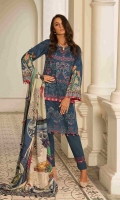 Digital Print Embroidered Lawn Shirt Front 1.30 yards Digital Print Lawn Shirt Back and Sleeves 2.00 yards Digital Print Chiku Silk Dupatta 2.75 yards Dyed Cambric Trouser 2.65 yards Embroidered Trouser Lace on Tissue – 40” 01 piece
