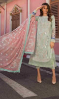 Digital Print Boring Embroidered Dobby Lawn Shirt Front 1.30 yards Digital Print Dobby Lawn Shirt Back and Sleeves 2.00 yards Embroidered Pure Bamber Chiffon Dupatta 2.65 yards Dyed Cambric Trouser 2.65 yards Embroidered Trouser and Shirt Front Lace on Tissue – 70” 01 piece