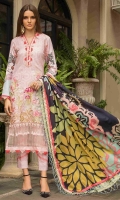 Digital Print Sequins Embroidered Dobby Lawn Shirt Front 1.30 yards Digital Print Dobby Lawn Shirt Back and Sleeves 2.00 yards Digital Print Chiku Silk Dupatta 2.75 yards Dyed Cambric Trouser 2.65 yards Embroidered Trouser Lace on Tissue – 40” 01 piece
