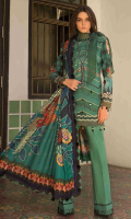 Sequins Embroidered Lawn Shirt Front 1.30 yards Digital Print Lawn Shirt Back and Sleeves 2.00 yards Digital Print Chiku Silk Dupatta 2.75 yards Dyed Cambric Trouser 2.65 yards Sequins Embroidered Sleeve lace on Tissue – 40” 01 piece