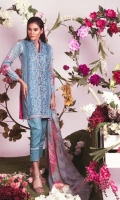 Shirt Front Printed With Embroidered Panel 1.28 YD Shirt Back Printed 1.28 YD Sleeves Printed 0.67 YD Chiffon Dupatta 2.65 YD Trouser Dyed 2.65 YD