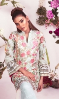 Shirt Front Printed With Neckline Embroidery 1.28 YD Shirt Back Printed 1.28 YD Sleeves Printed 0.67 YD Chiffon Dupatta 2.65 YD Trouser Dyed 2.65 YD