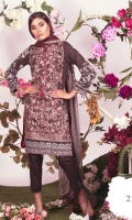 Shirt Front Printed Full Embroidered 1.28 YD Shirt Back Printed 1.28 YD Sleeves Printed 0.67 YD Chiffon Dupatta 2.65 YD Trouser Dye 2.65 YD