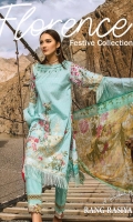 Shirt Printed with Embroidered Front 3.25 Yards Printed Bamber Chiffon Dupatta 2.73 Yards Dyed Trouser 2.65 Yards Embroidered Neck Lace 40” 01 Piece