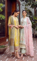 Digital printed sequined embroided shirt front on dobby lawn 1.25yard Digital printed shirt back & sleeve on dobby lawn 2.10 yard Embroided shirt front upper border on organza 30 inch Embroided shirt front lower border on organza 30 inch Embroided shirt front center border on organza 30 inch Yarn dyed lurex dupatta 2.75 yard Dyed cotton trouser 2.75 yard