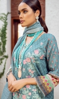 Digital printed sequined embroided shirt front on dobby lawn 1.25yard Digital printed shirt back & sleeve on dobby lawn 2.10 yard Embroided shirt front upper border on organza 30 inch Embroided shirt front lower border on organza 30 inch Yarn dyed lurex dupatta 2.75 yard Dyed cotton trouser 2.75 yard