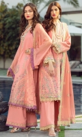 Embroidreed Shirt front on lawn 1.25 yards brosha jacqared back and sleeve 2 yards Embroidered shirt front lace on tissue 30 inch Embroidered shirt back lace on tissue 30 inch Embroidered shirt sleeve lace on tissue 40 inch Embroidered chiffon dupatta 2.5 yards Embroidered chiffon dupatta pallu 84 inch Dyed cotton trouser 2.70 yards