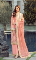Embroidreed Shirt front on lawn 1.25 yards brosha jacqared back and sleeve 2 yards Embroidered shirt front lace on tissue 30 inch Embroidered shirt back lace on tissue 30 inch Embroidered shirt sleeve lace on tissue 40 inch Embroidered chiffon dupatta 2.5 yards Embroidered chiffon dupatta pallu 84 inch Dyed cotton trouser 2.70 yards
