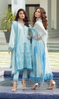 Sequined Embroidered Shirt front on lawn 1.25 yards brosha jacqared back and sleeve 2 yard Embroidered shirt back lace on tissue 30 inch Embroidered shirt neck lace on tissue 40 inch Embroidered chiffon dupatta 2.5 yards Embroidered chiffon dupatta pallu 84 inch Dyed cotton trouser 2.70 yards
